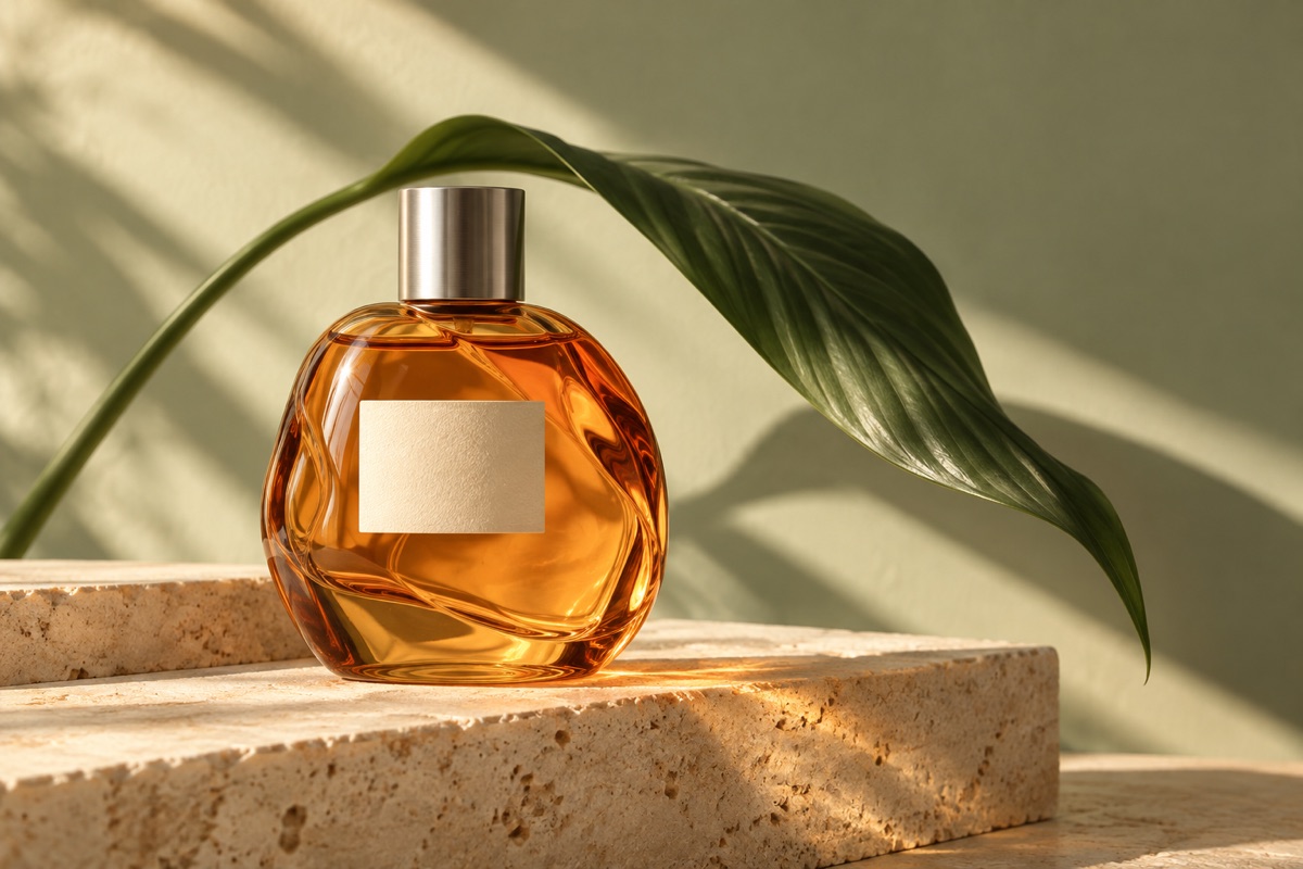Illustrative AI-generated perfume product photography with warm sunlight and a green leaf