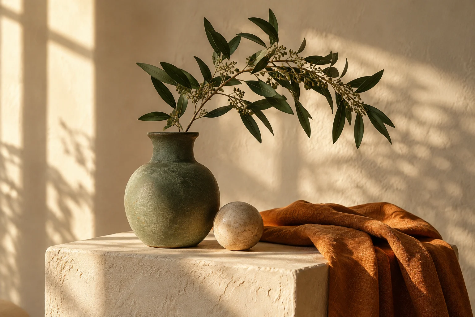 Sage ceramic vase, leafy branch and ochre linen in warm studio light — a sample image for practicing photo edits