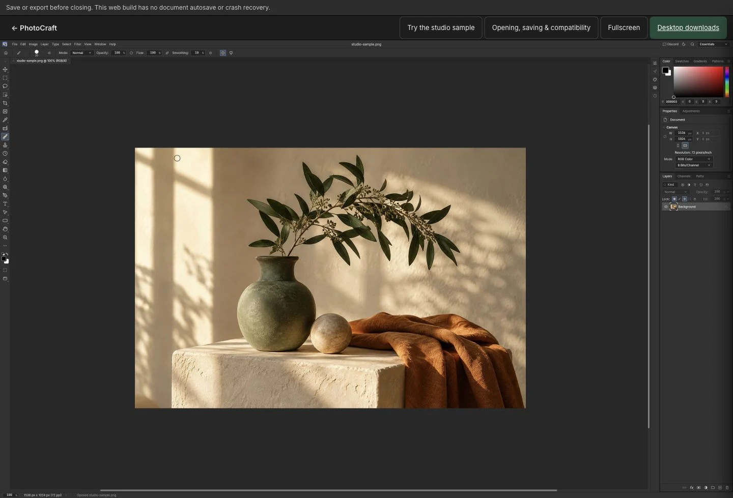 Studio practice image open in this website’s PhotoCraft browser editor, with canvas and Layers panel visible