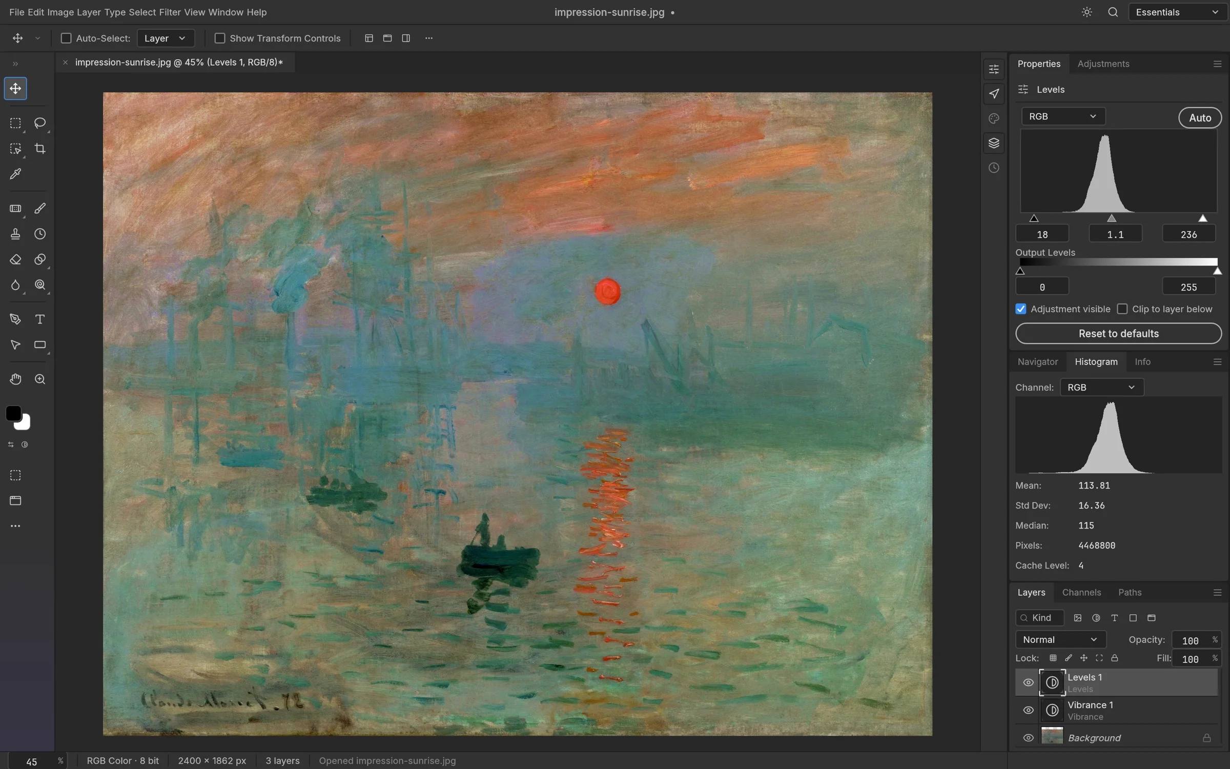 PhotoCraft Levels and Vibrance adjustment layers on Monet’s Impression, Sunrise