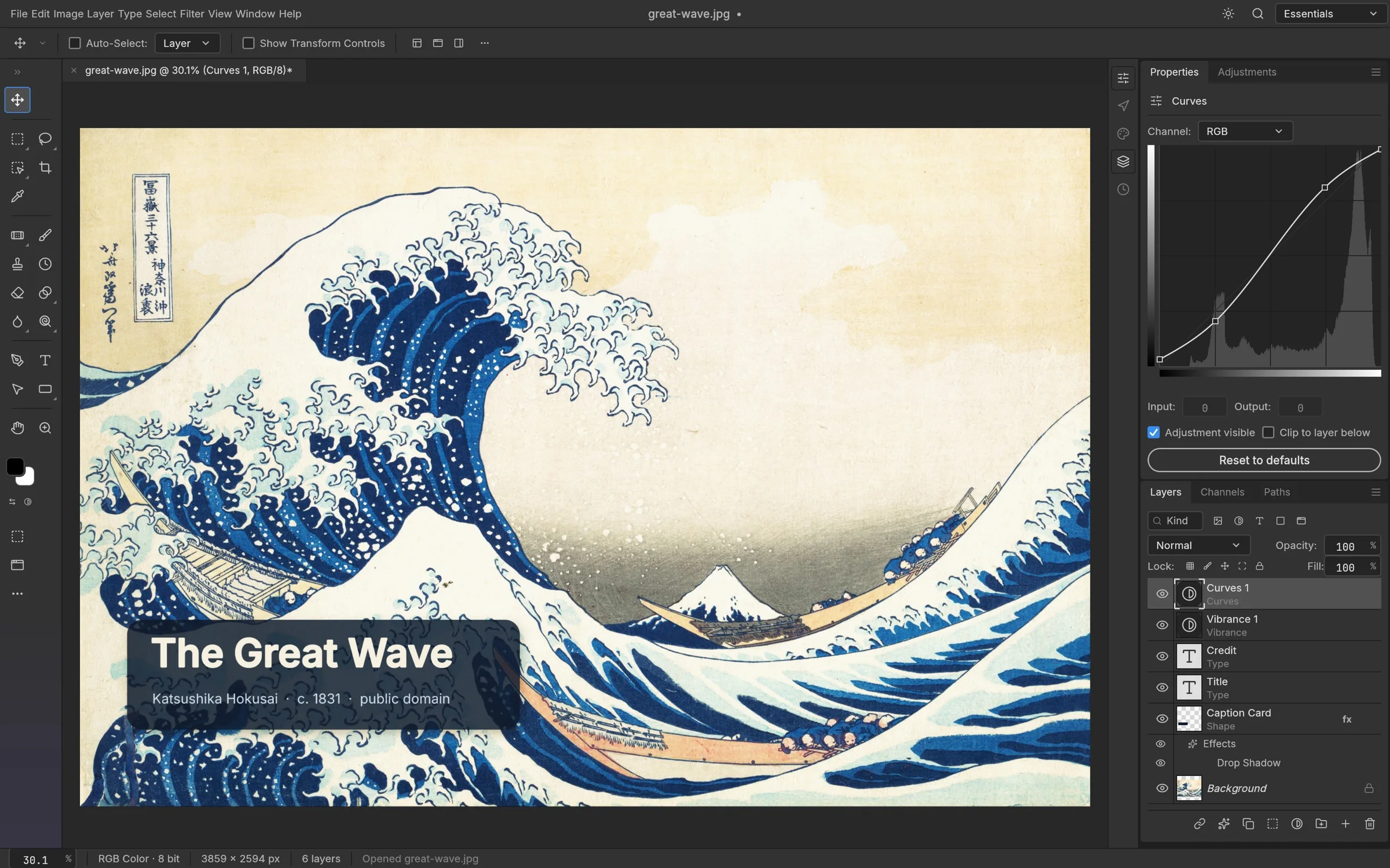 PhotoCraft project screenshot of The Great Wave with editable type, Curves, Vibrance and a Layers panel
