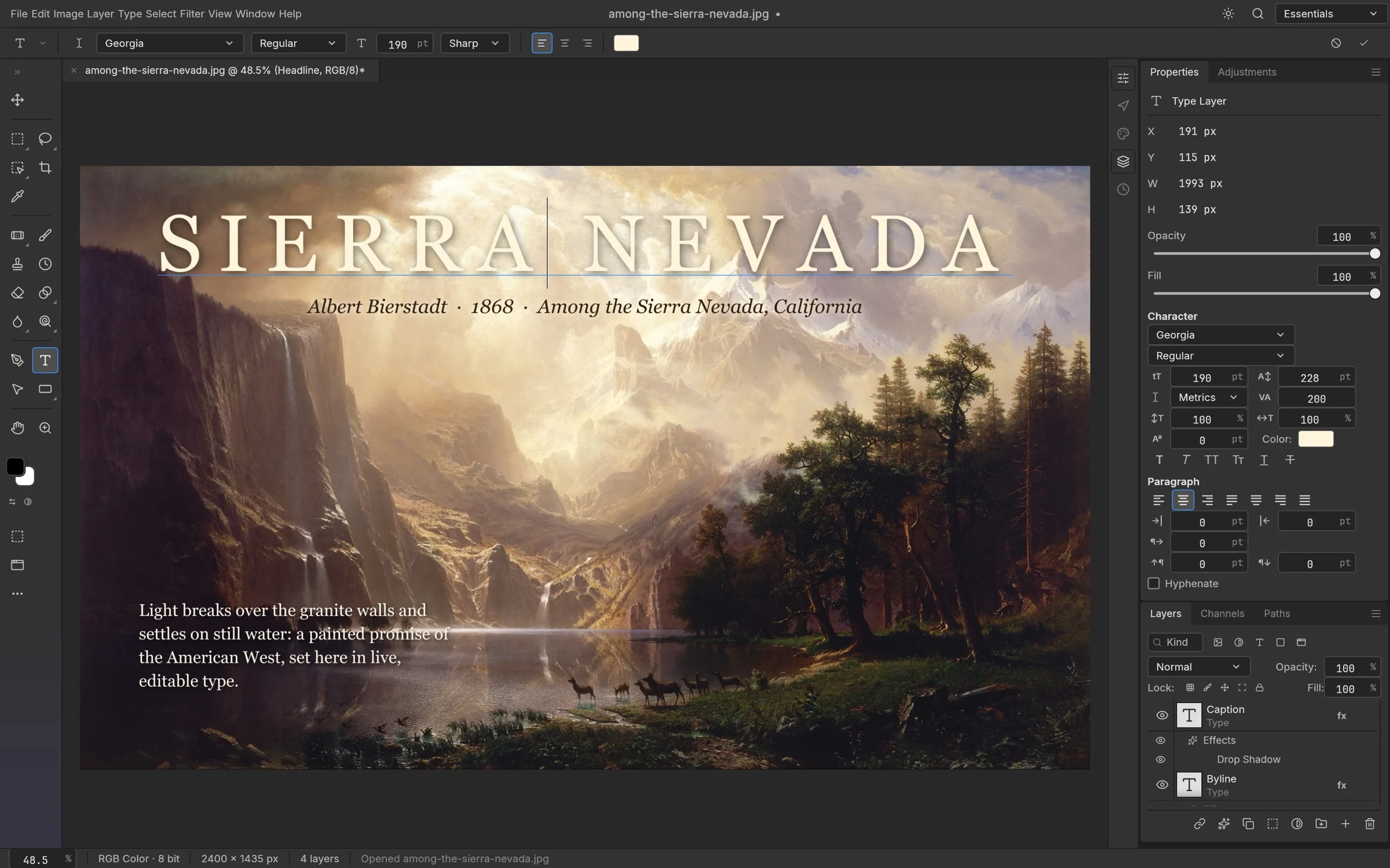 PhotoCraft with live editable typography over a landscape painting